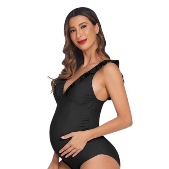 Zoila Maternity Swimsuit One Piece Ruffled V-Neck Black Strappy Back Siz… - Picture 10 of 10